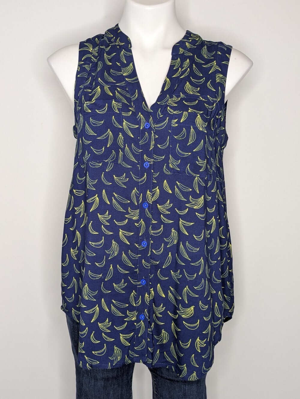 Anthro Maeve Blue Yellow V Neck Sleeveless Button Up Banana Tank Blouse 4